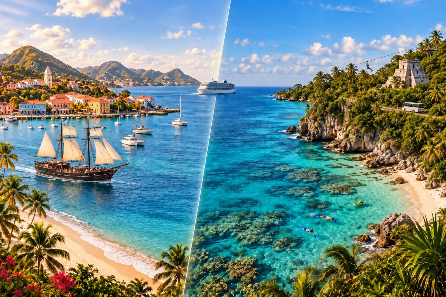 Eastern vs. Western Caribbean cruise comparison showing a colorful island town and tropical beach alongside snorkeling, ruins and Caribbean adventure.