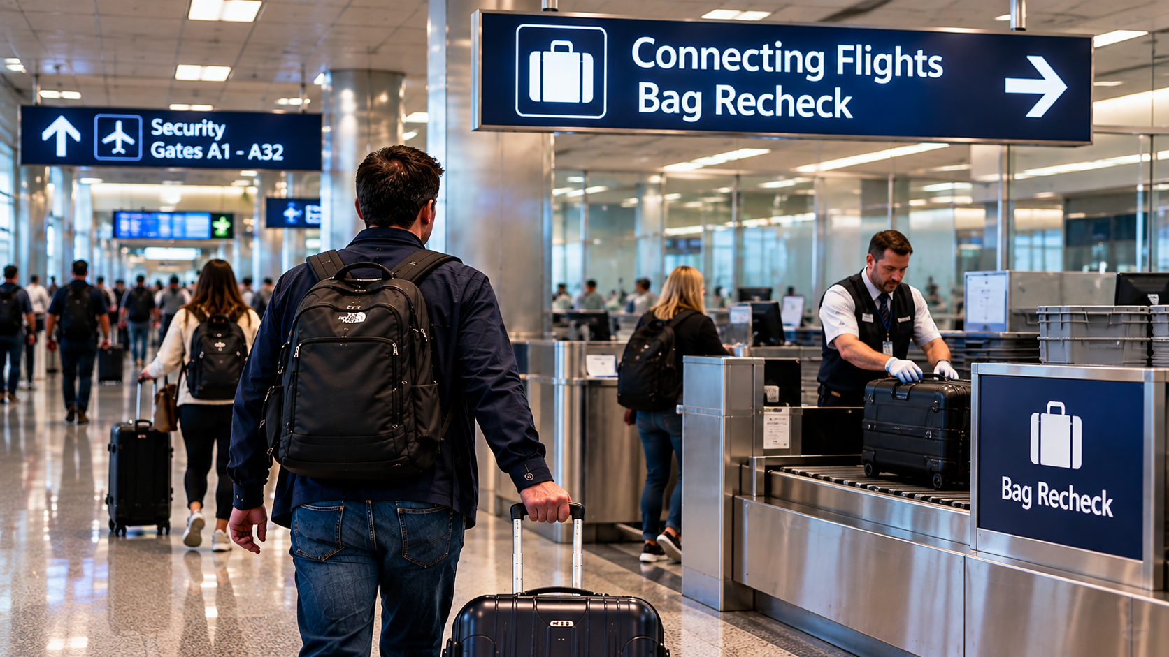 International passenger rolling a checked suitcase toward a Connecting Flights and Bag Recheck counter after clearing U.S. customs.