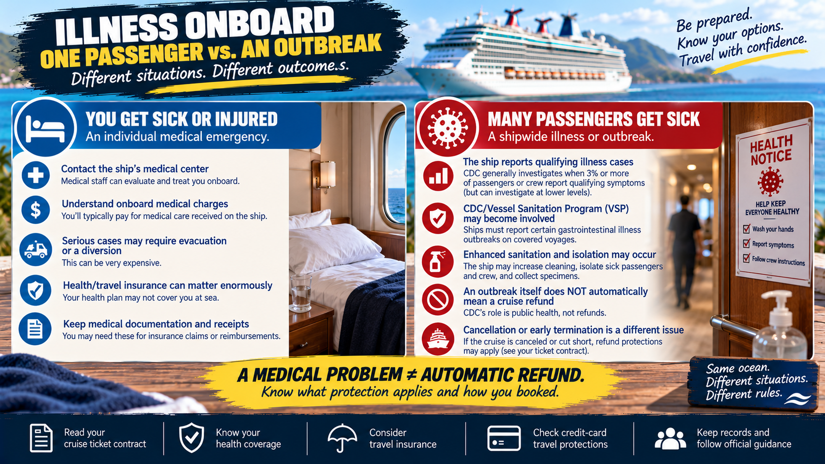 Cruise illness infographic comparing an individual passenger becoming sick or injured with a shipwide gastrointestinal illness outbreak.