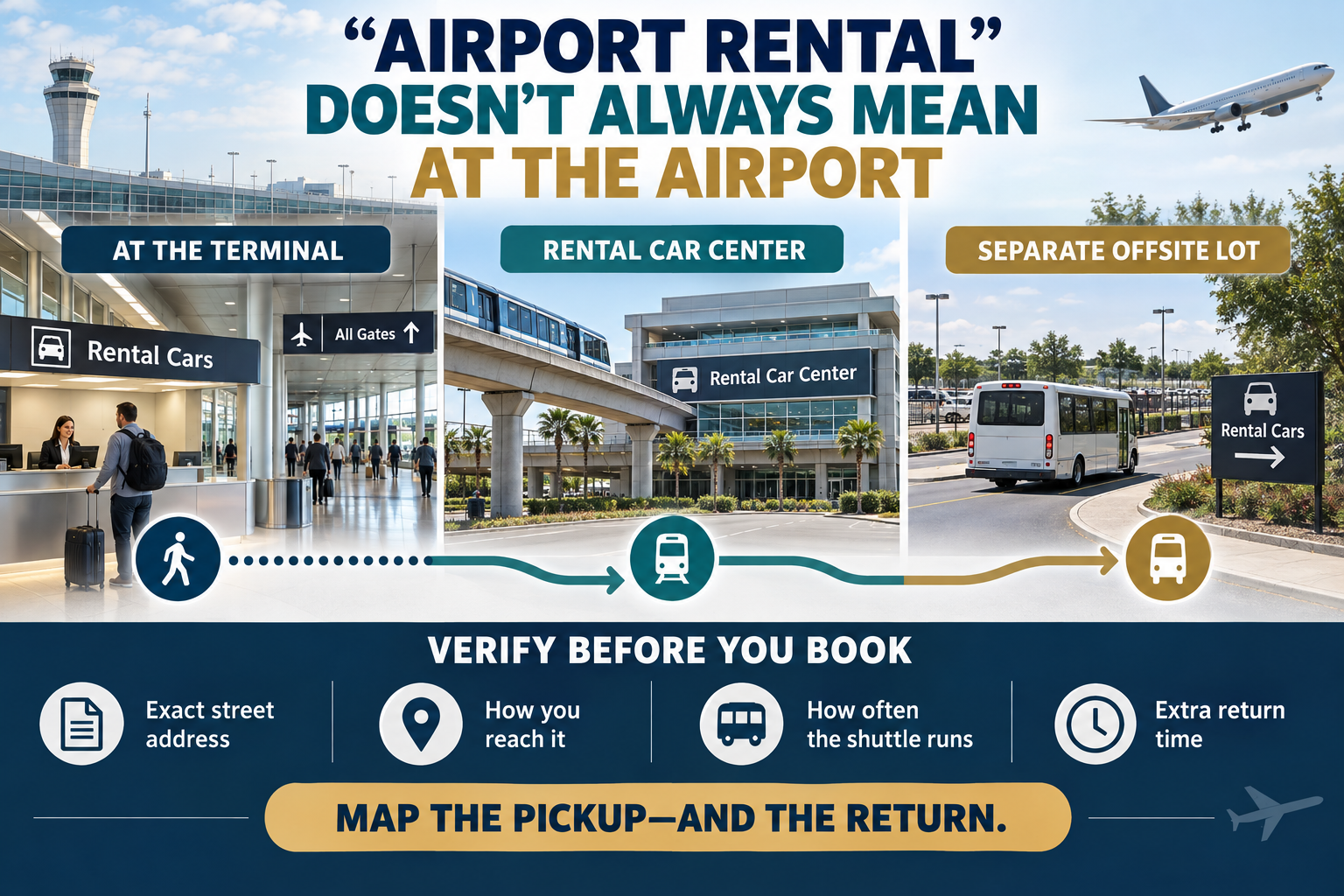 Three airport rental arrangements compare a terminal counter, consolidated rental-car center and separate offsite lot, with reminders to verify the address, transportation, shuttle frequency and additional return time.