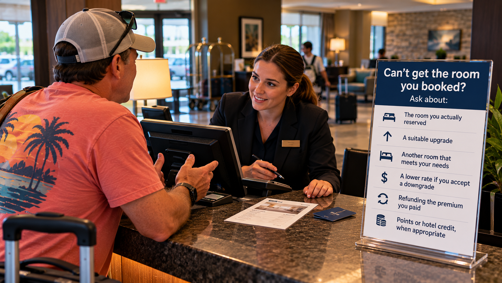 Traveler speaking with a hotel front desk employee beside a list of possible remedies when the hotel cannot provide the room that was booked.