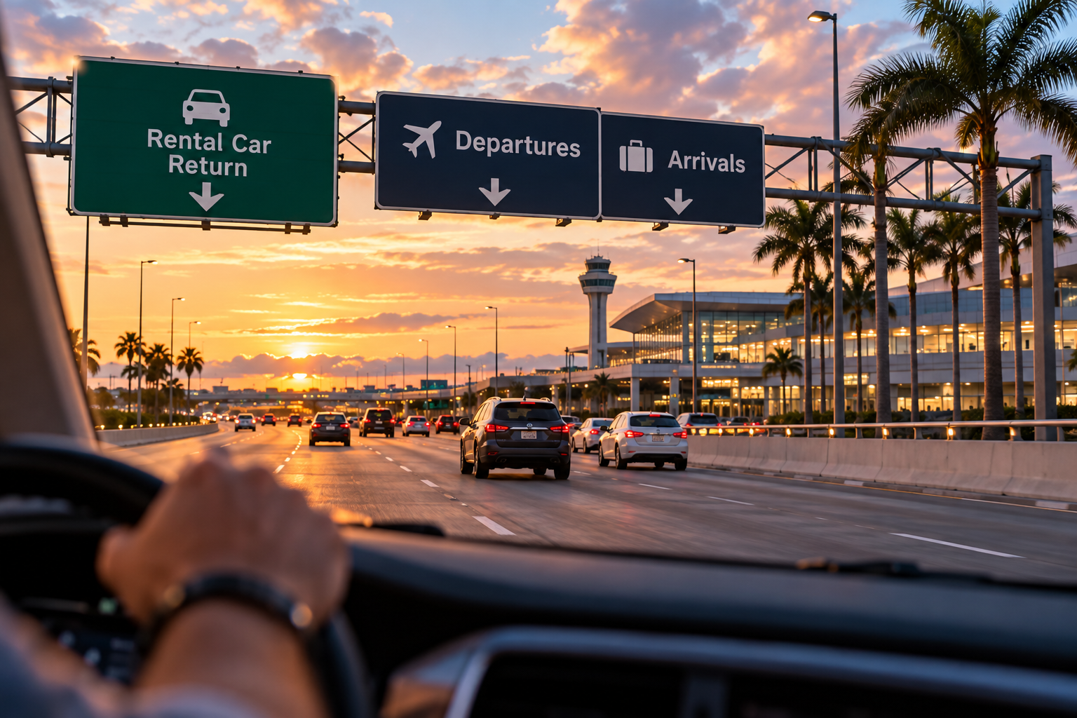 A driver approaching an airport at sunset with signs for rental-car return, departures and arrivals.