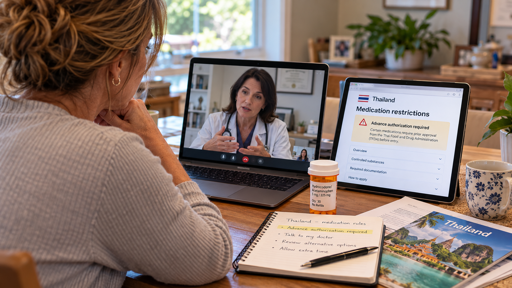 Traveler consulting a doctor by video after discovering international restrictions affecting prescription medication for an upcoming trip.