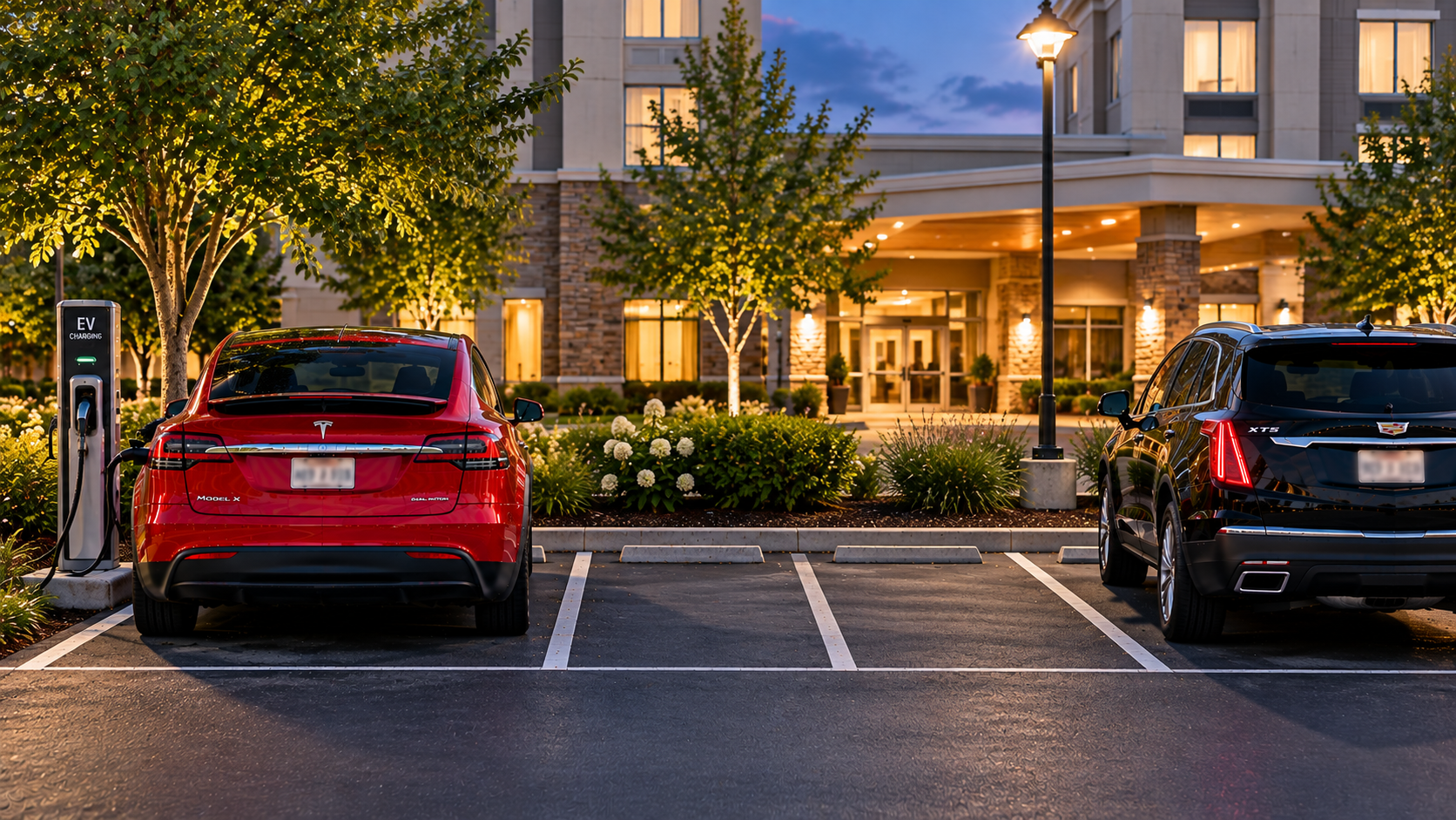 Red Tesla Model X plugged into a Level 2 charger outside a hotel while a black Cadillac XT5 is parked nearby.