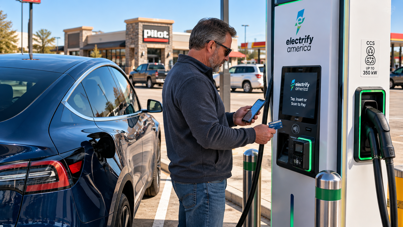 Tesla Model Y driver checking how to pay at an Electrify America public fast-charging station.