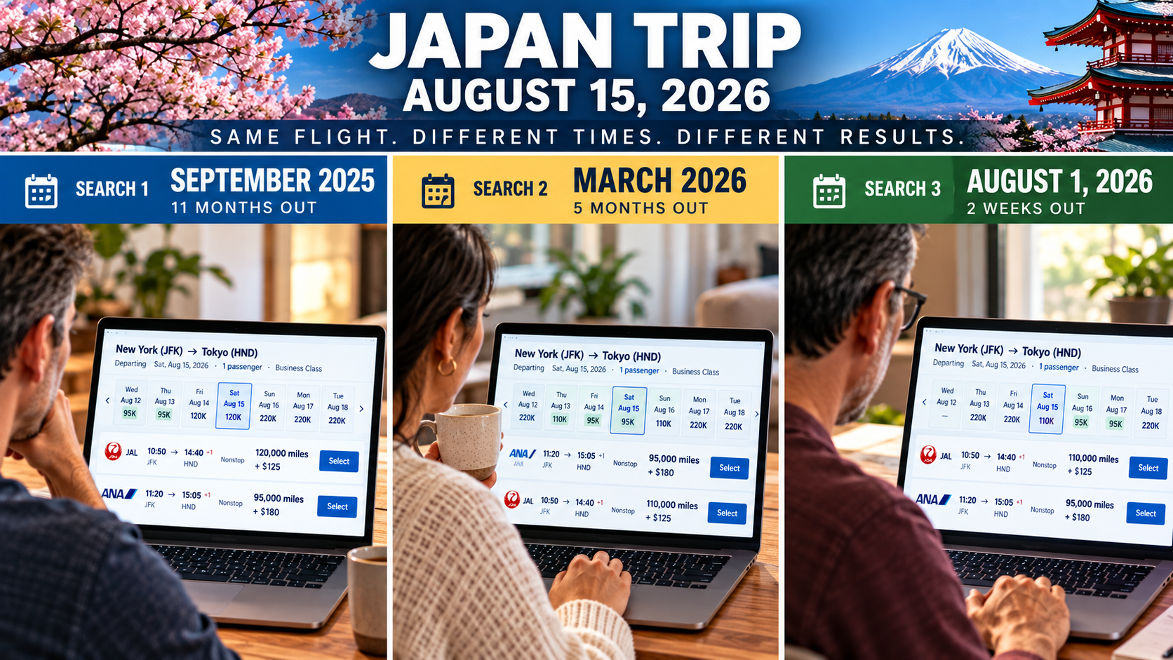 Three travelers searching for award flights eleven months, five months, and two weeks before the same Japan departure date, illustrating how booking opportunities can change over time.
