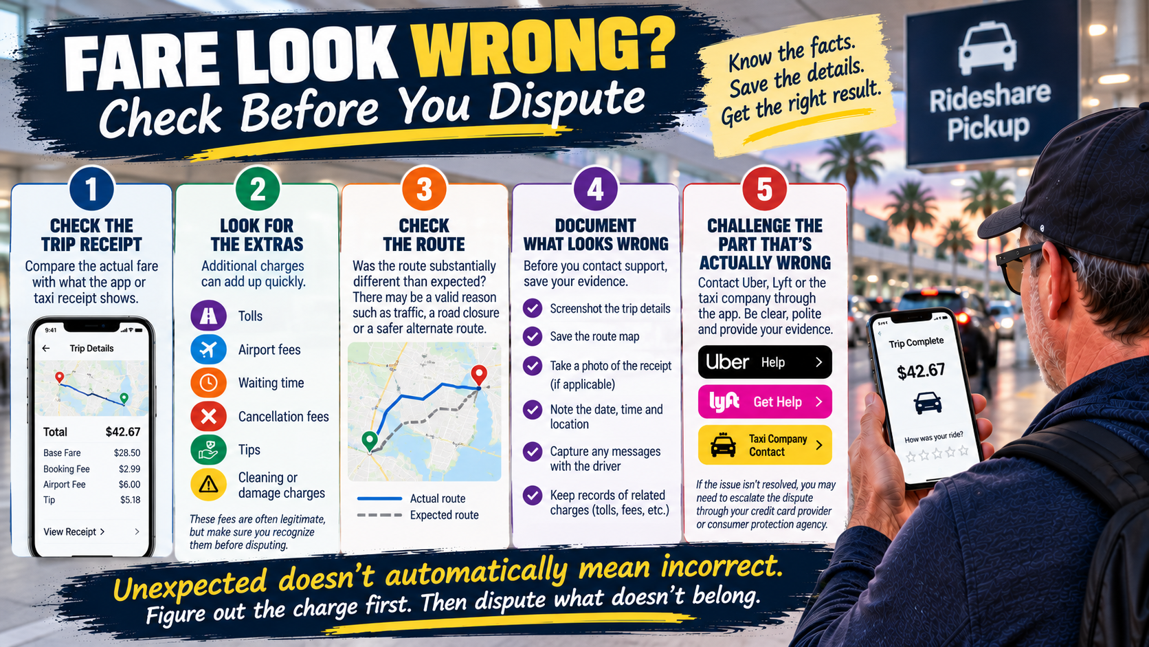 Rideshare fare infographic showing how to check the trip receipt, review tolls and other fees, compare the route, save screenshots and dispute only the portion of a charge that appears incorrect.