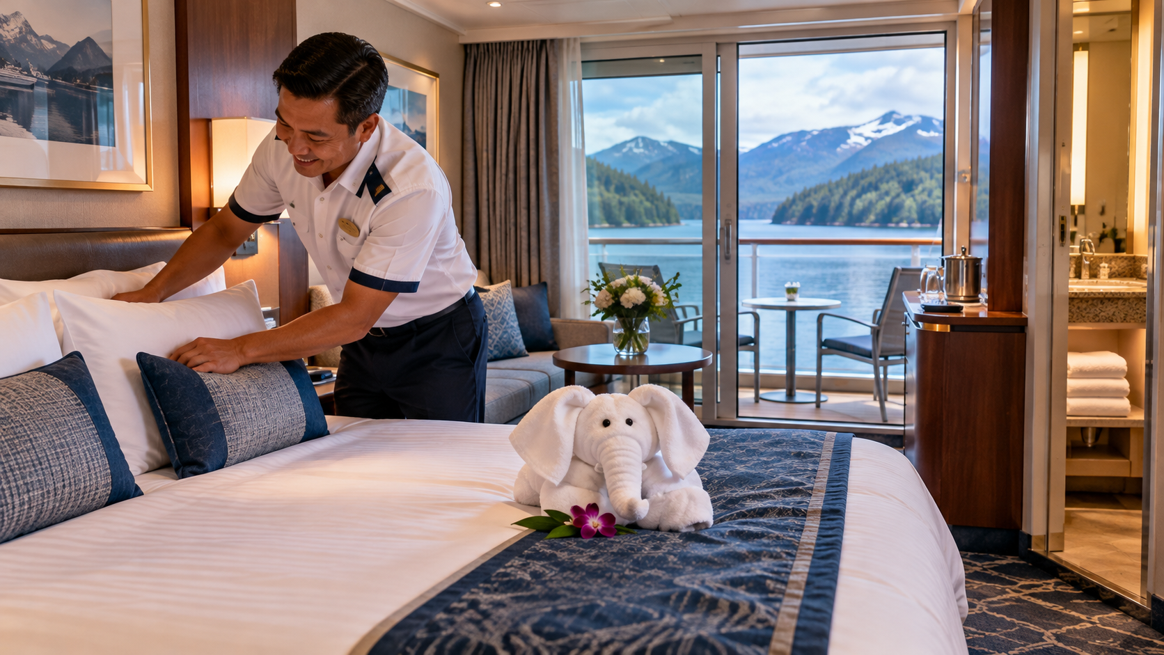 Smiling cruise ship cabin steward arranging pillows in a clean balcony cabin, with a towel elephant on the bed and Alaska's mountainous coastline visible outside.