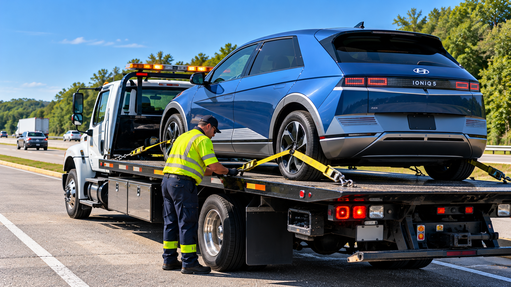 Blue Hyundai IONIQ 5 on a flatbed tow truck while a roadside recovery operator secures the vehicle with wheel restraints.