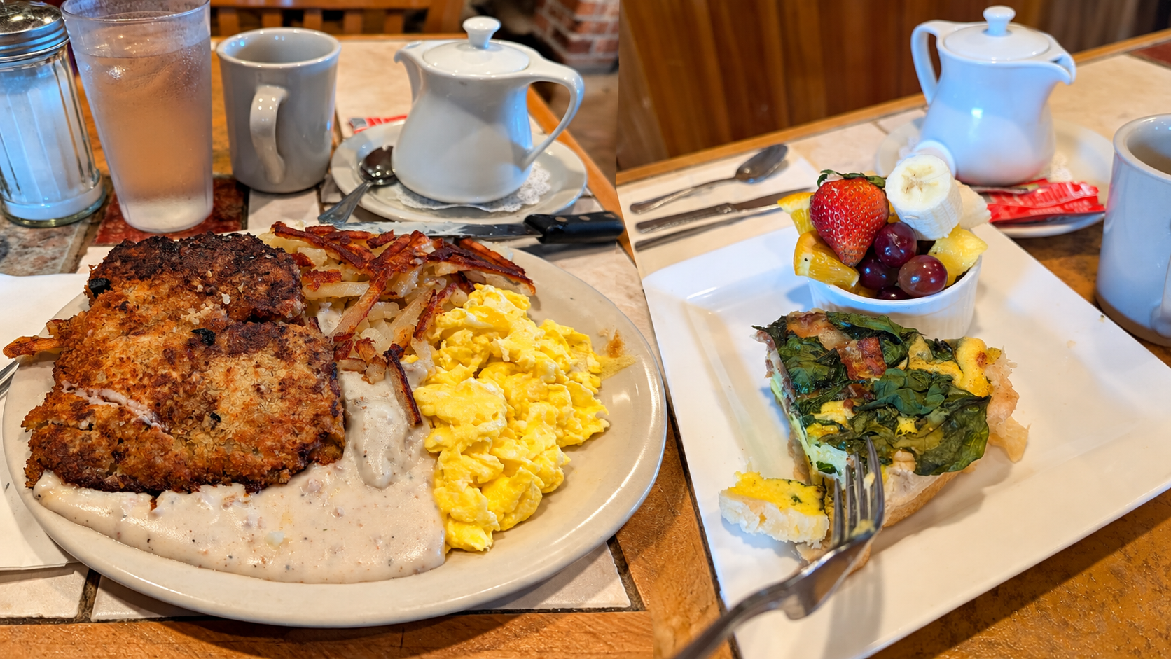 Two breakfasts at Christie's Kitchen in Redmond, Oregon, featuring chicken-fried steak with gravy, scrambled eggs, potatoes, spinach quiche, and fresh fruit.