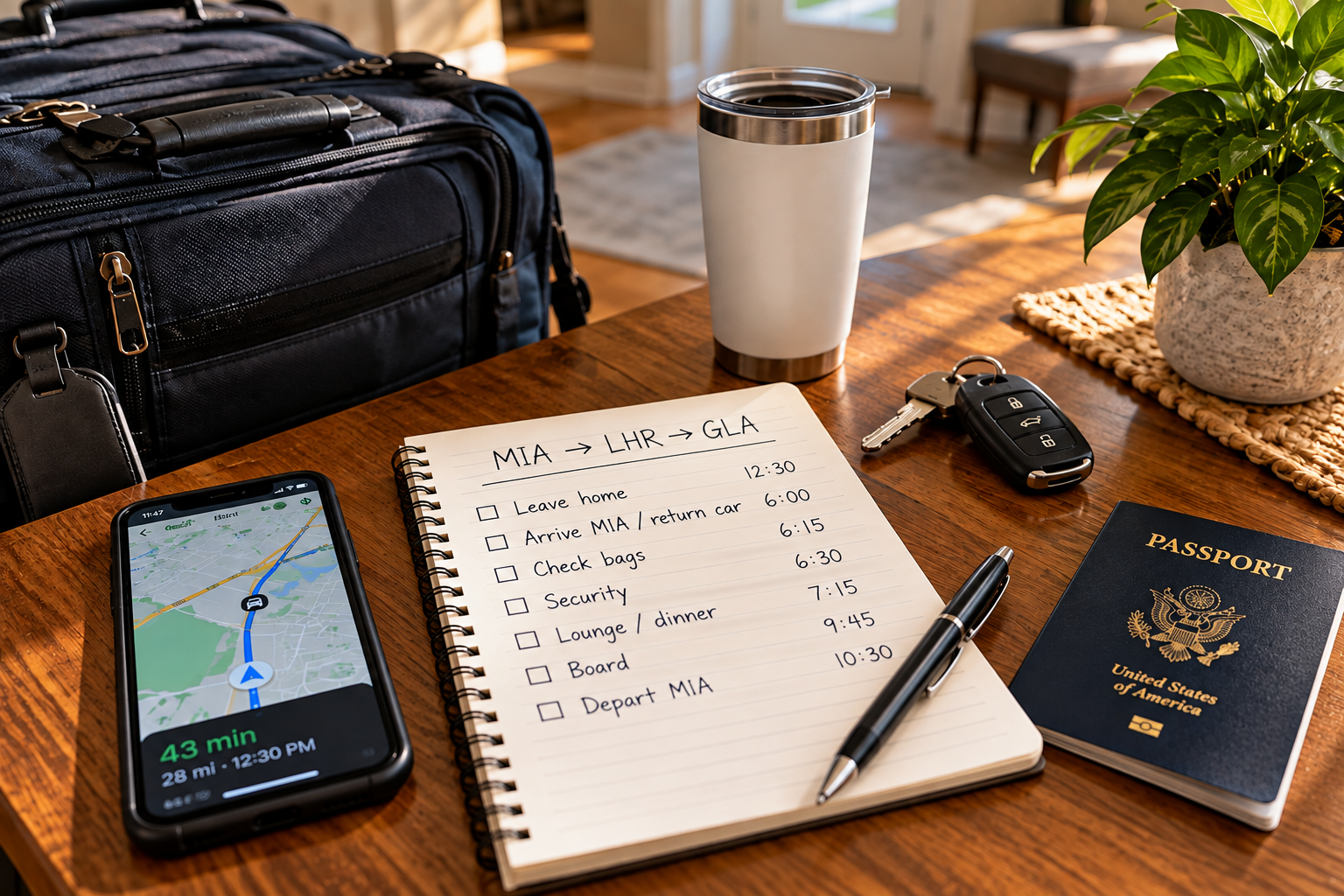 Travel bags, car keys, a phone showing driving time and a handwritten international travel-day schedule on a table at home.
