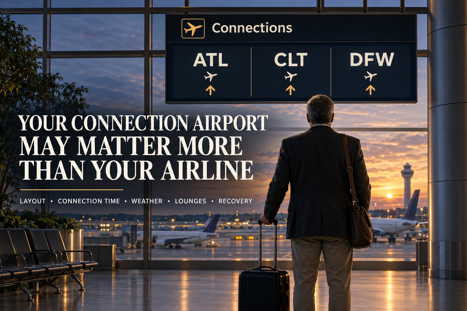 Airport departure board highlighting connecting flights through Atlanta, Charlotte and Dallas–Fort Worth, illustrating why the connection airport can matter as much as the airline.