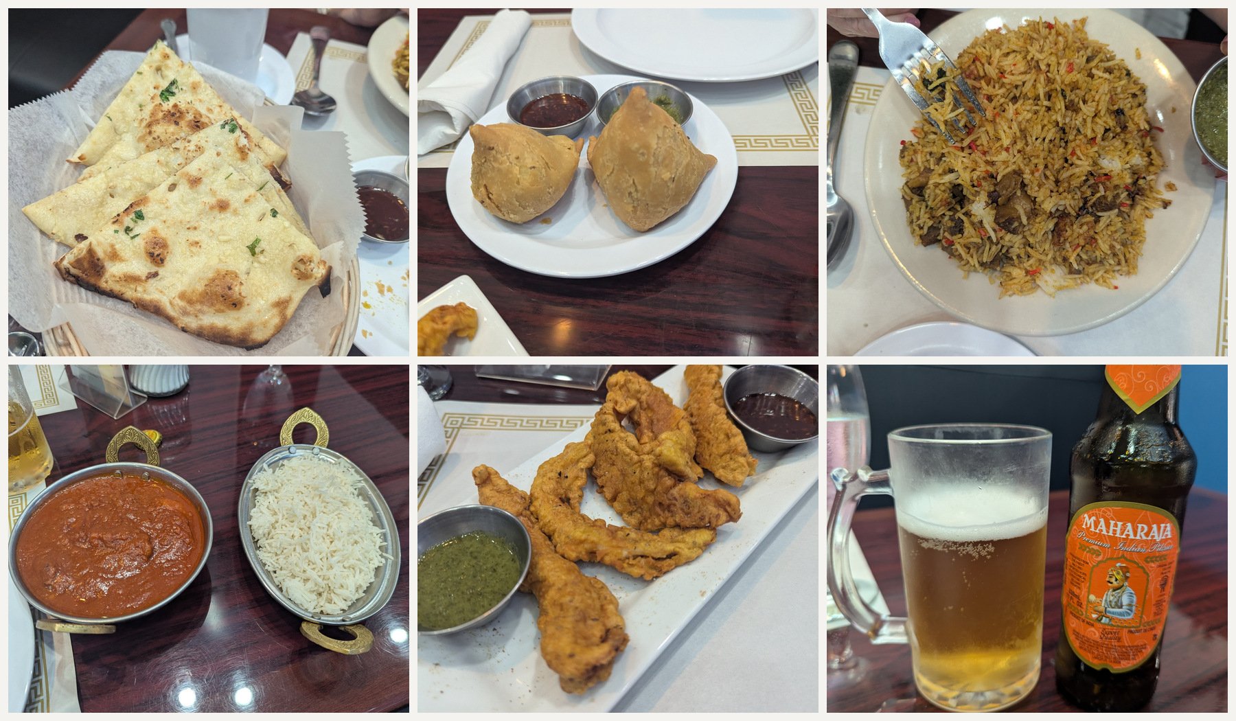 Six-photo collage of our meal at Kasthamandap Kitchen, including garlic naan, samosas, goat biryani, lamb vindaloo with rice, pakora, and Maharaja beer.