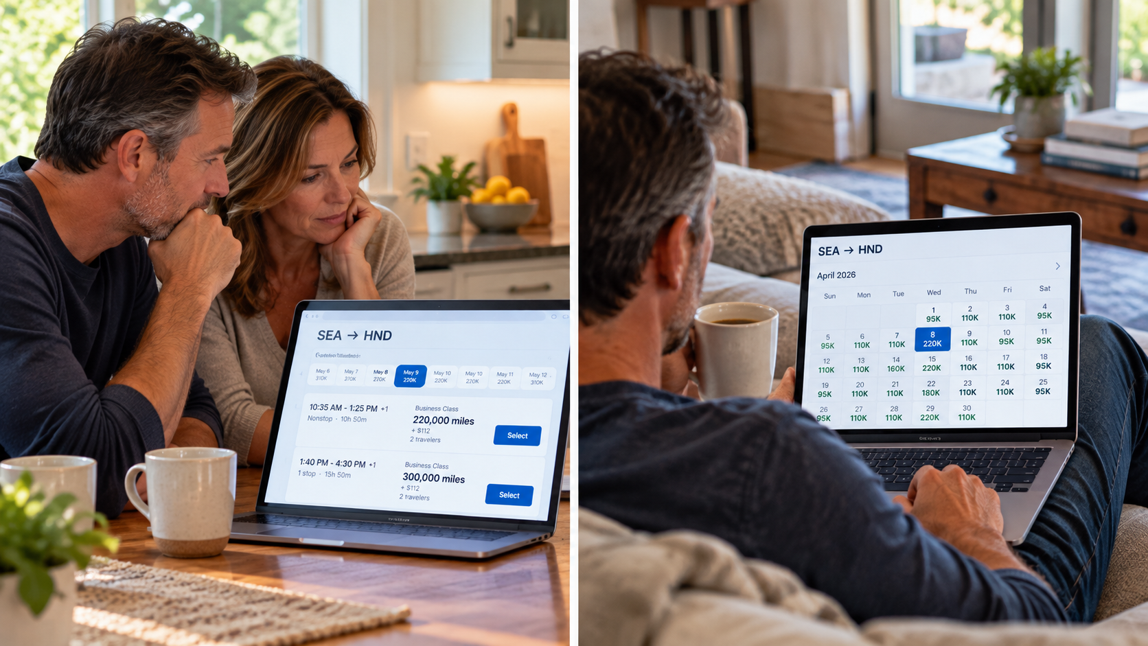 Couple with fixed travel dates and a flexible solo traveler comparing award flights, illustrating how the same redemption can have different value to different people.