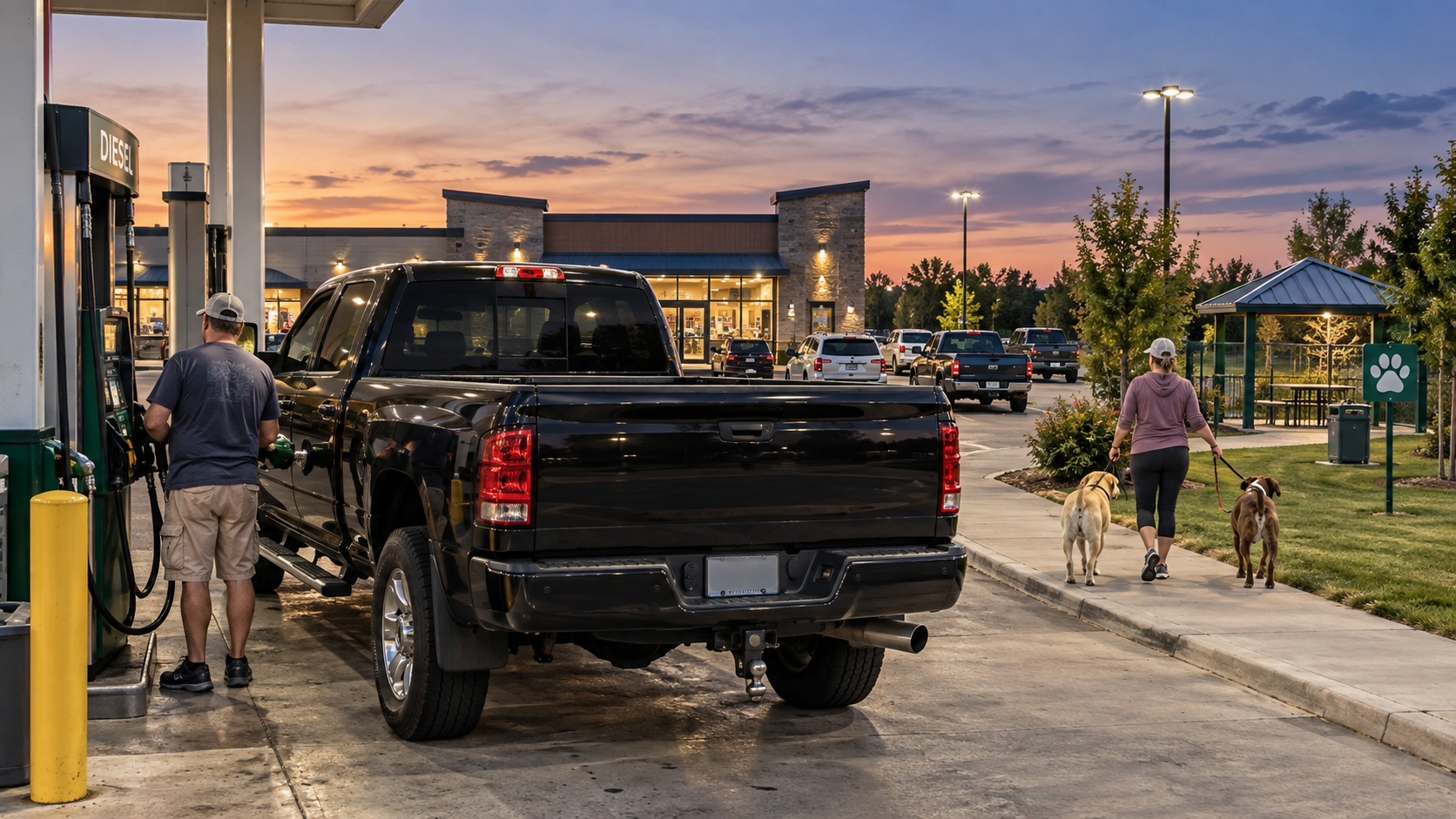 Couple stopping at a travel plaza during a road trip, with one person fueling the truck while the other walks two dogs.
