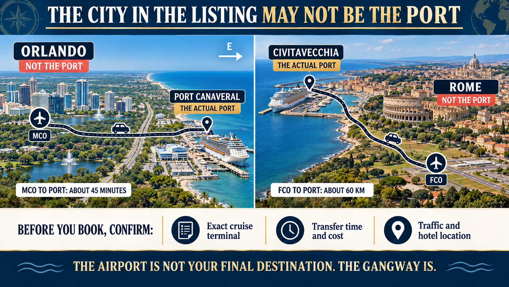 Conceptual cruise-port comparison showing Orlando and MCO west of Port Canaveral and Rome and FCO southeast of Civitavecchia, with reminders to confirm the terminal, transfer time, cost, traffic and hotel location.