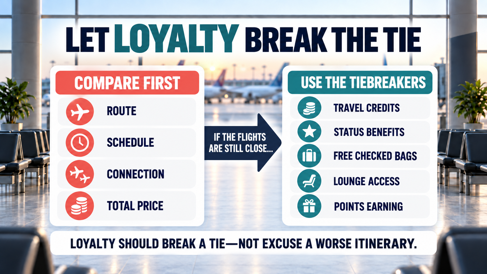Two-step flight-selection graphic advising travelers to compare the route, schedule, connection and total price first, then use travel credits, status benefits, free checked bags, lounge access and points earning as tiebreakers.