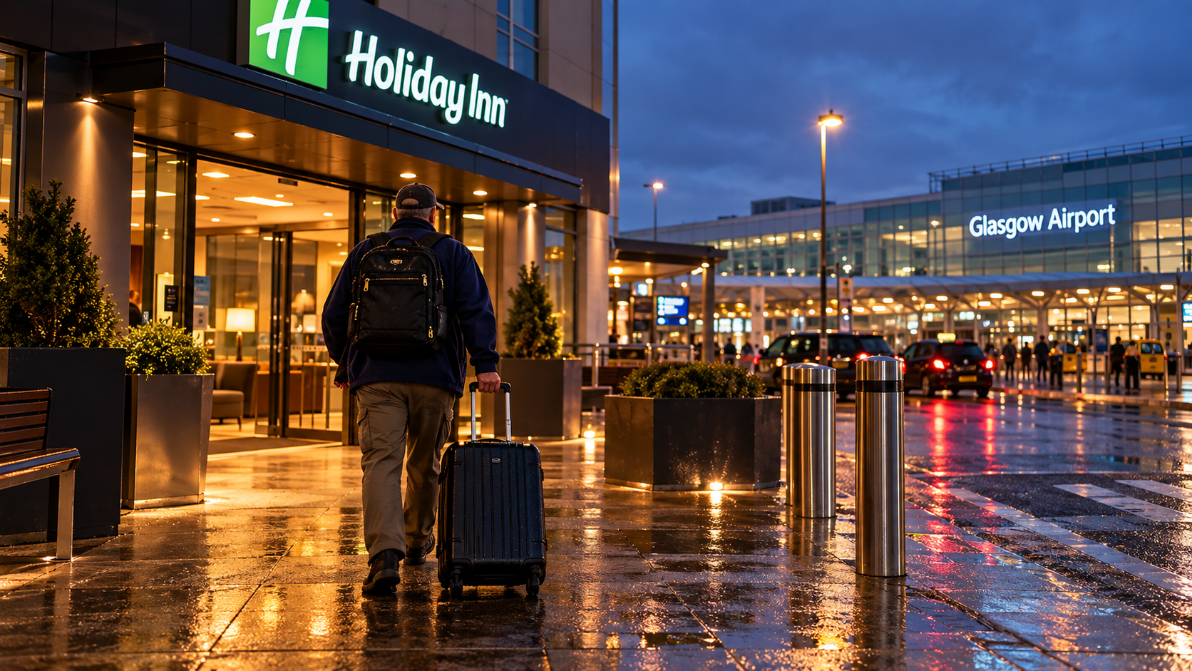A traveler rolling a suitcase from Glasgow Airport toward a nearby airport hotel on a rainy evening.