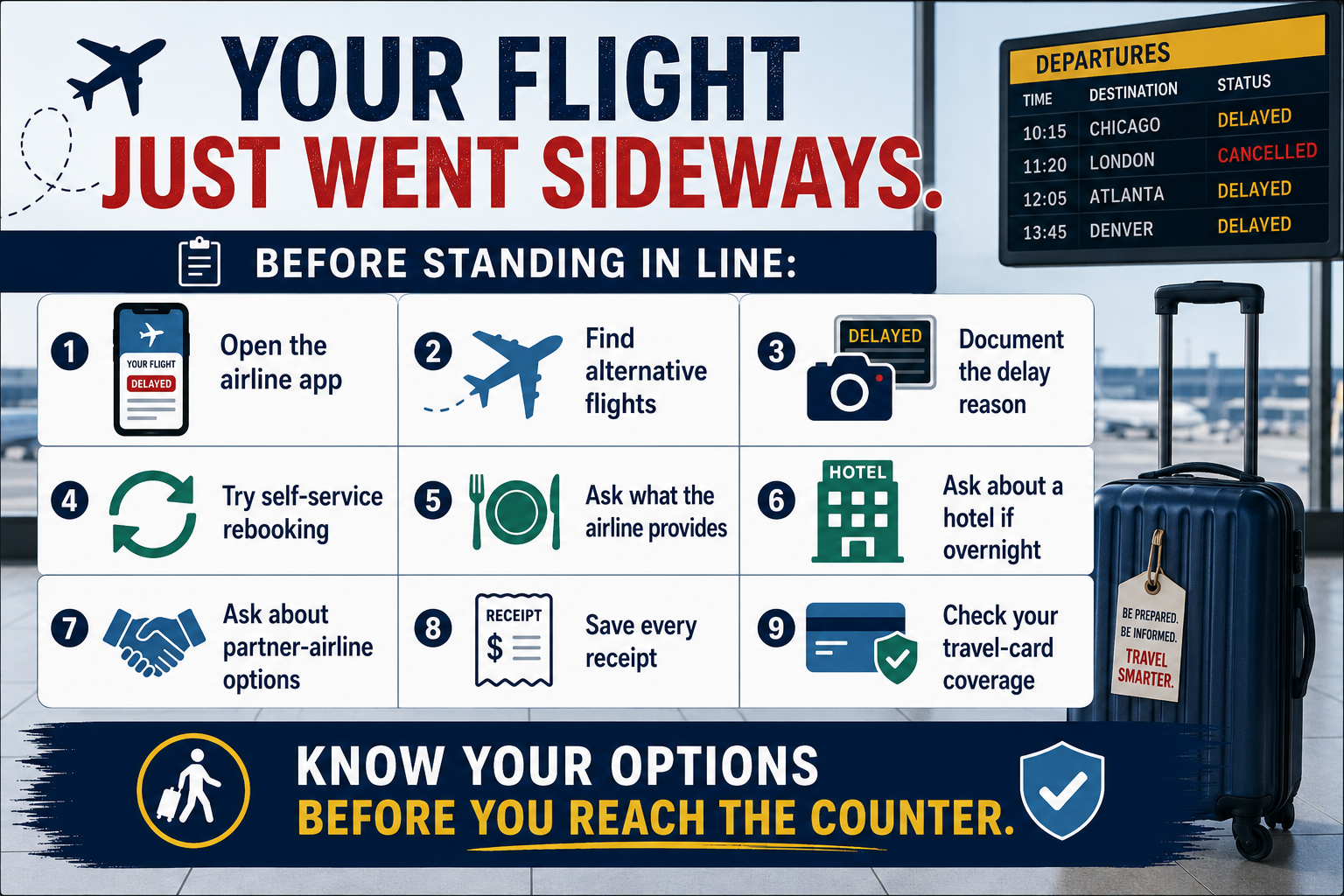 Checklist of steps to take when a flight is delayed or canceled, including rebooking, documenting the disruption, asking about meals and hotels, saving receipts and checking travel-card coverage.
