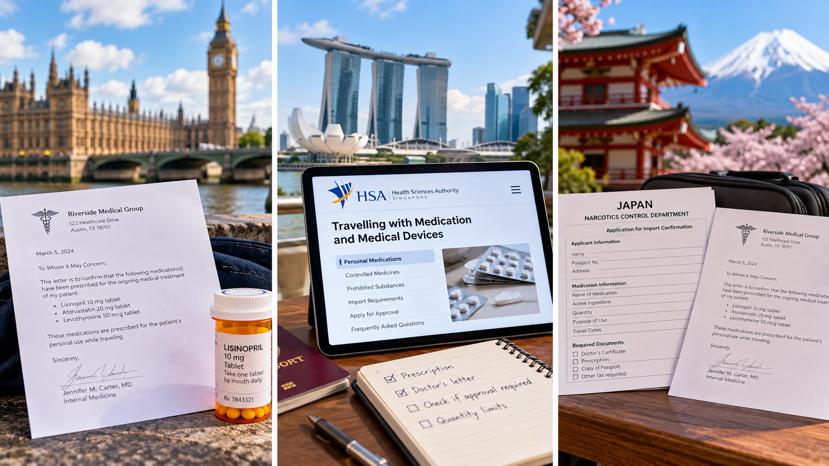 Three-part travel graphic illustrating how medication documentation requirements differ between the United Kingdom, Singapore, and Japan.