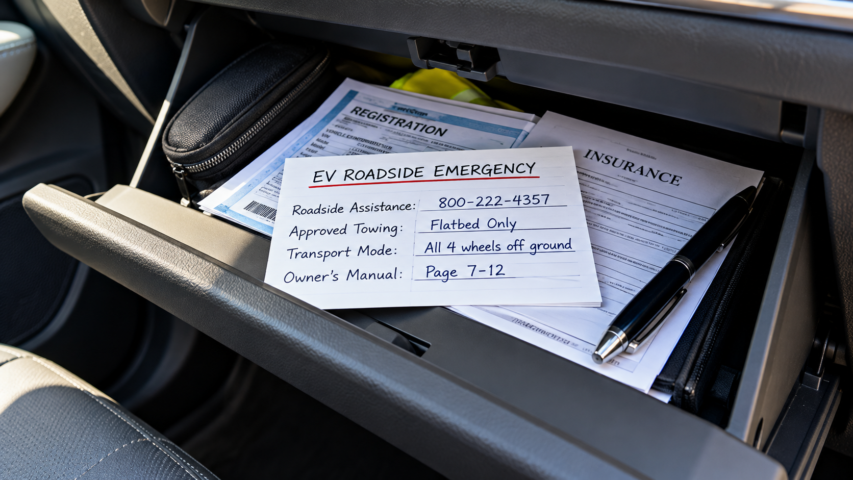 Handwritten EV roadside emergency reference card resting on vehicle registration and insurance documents inside an open glove compartment.