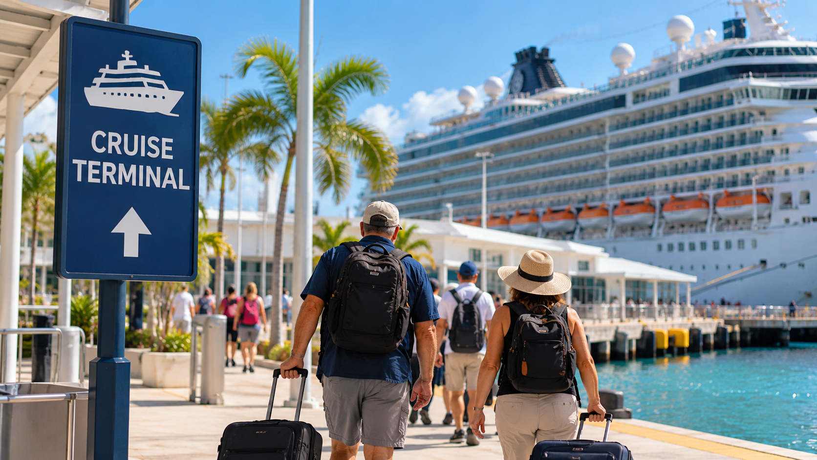 Travelers arriving with luggage at a cruise terminal before boarding a cruise ship.