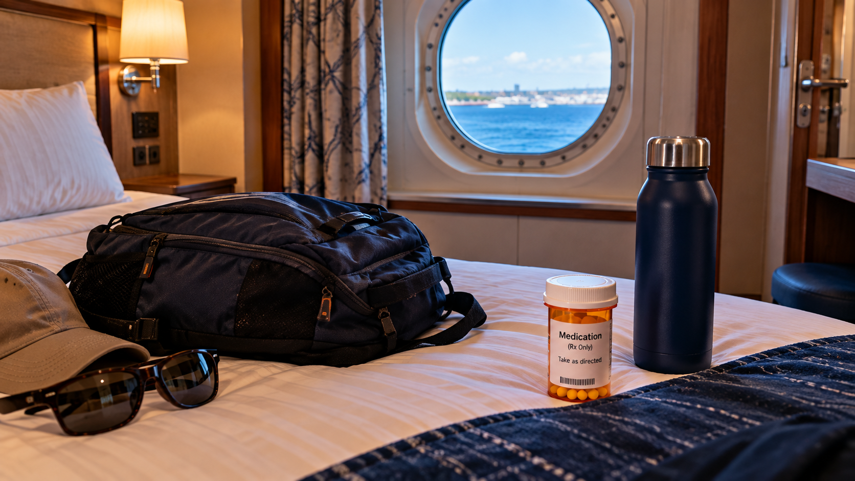 Prescription medication, bottle of water and daypack on a bed inside a small cruise ship stateroom with the ocean visible through a porthole.