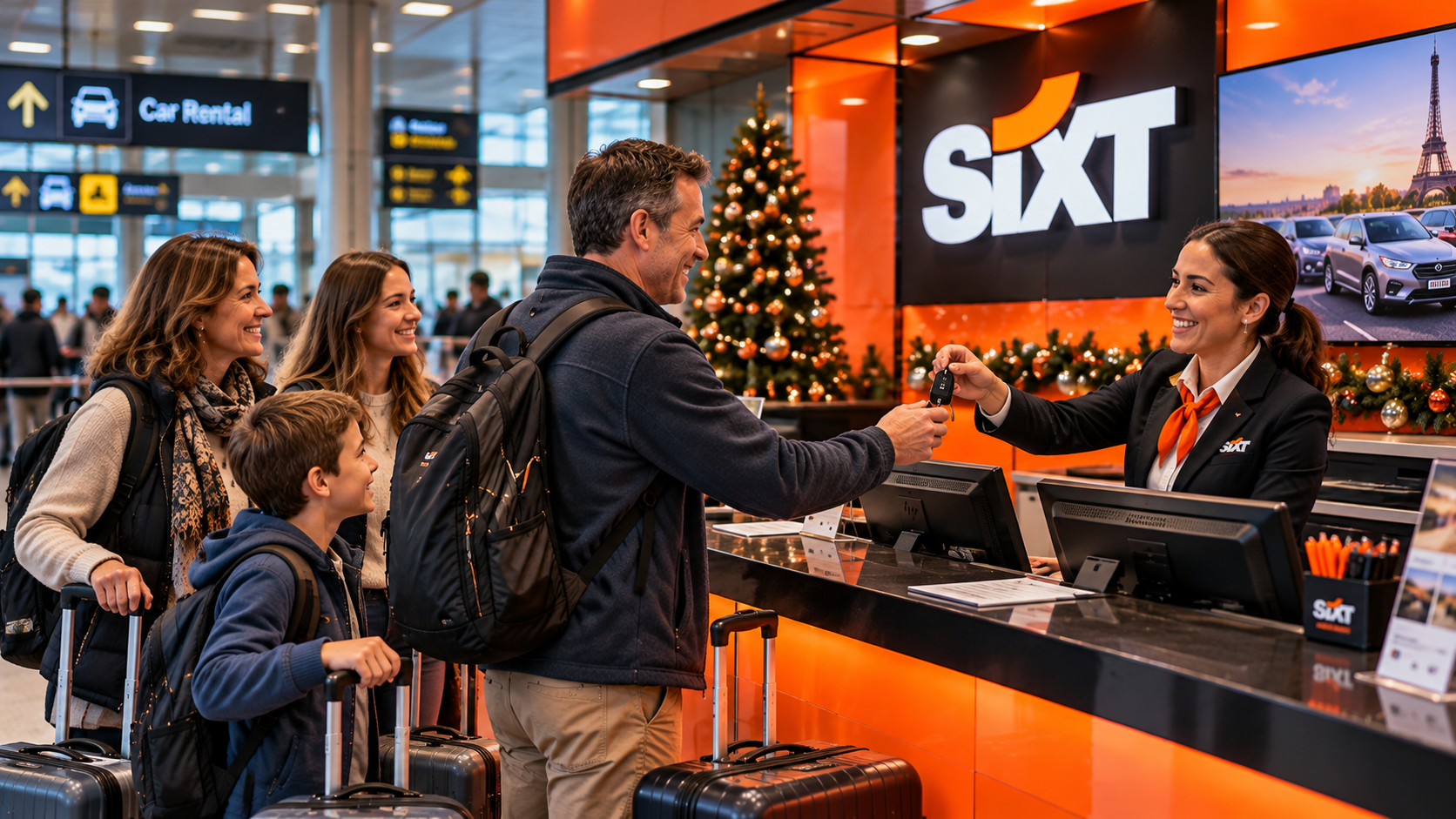 A family of four receives rental car keys from a smiling SIXT employee at a Paris airport counter decorated for Christmas.