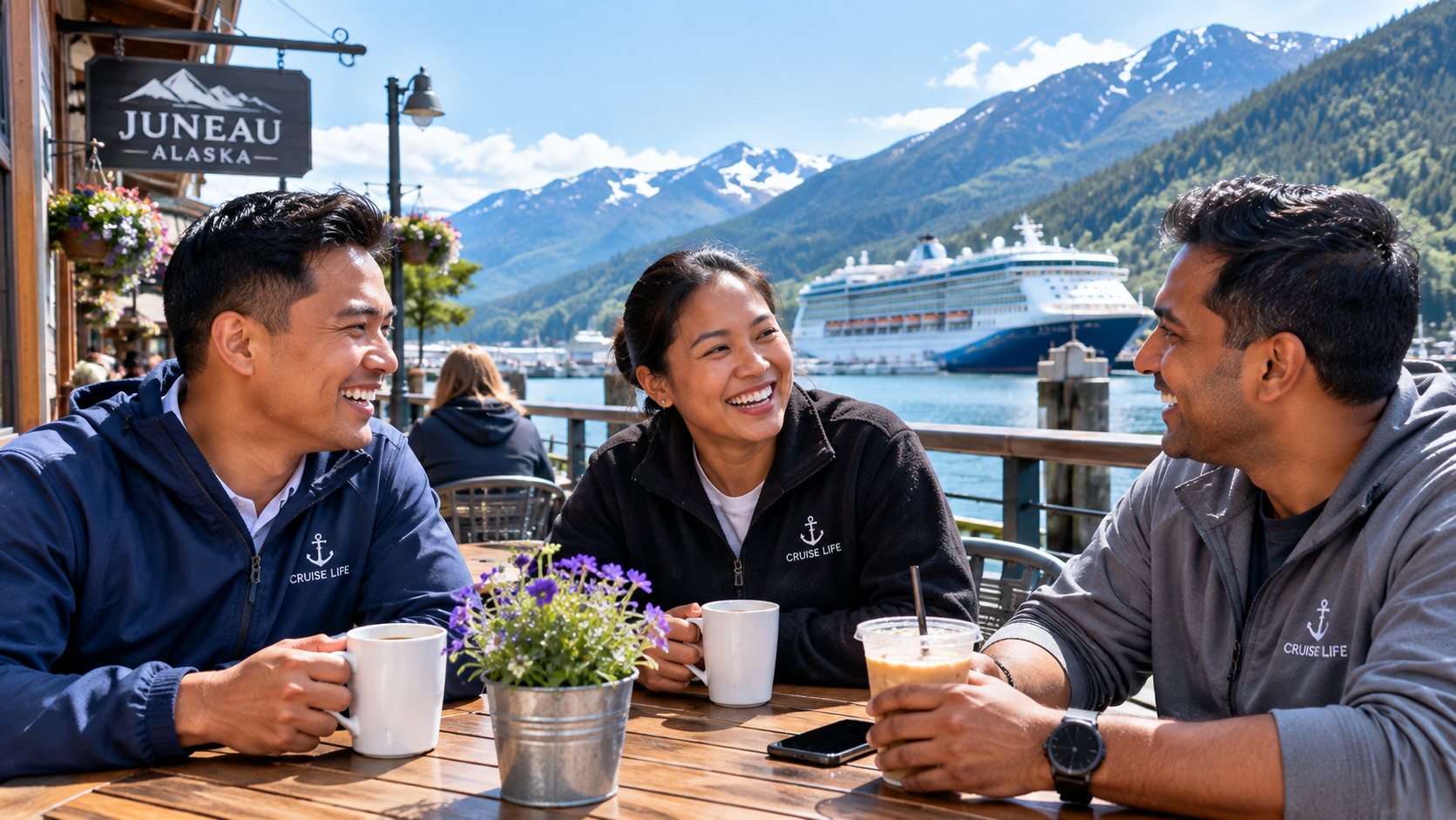 Three off-duty cruise ship crew members enjoying coffee and conversation at a waterfront café in Juneau, Alaska, with a cruise ship and forested mountains in the background.