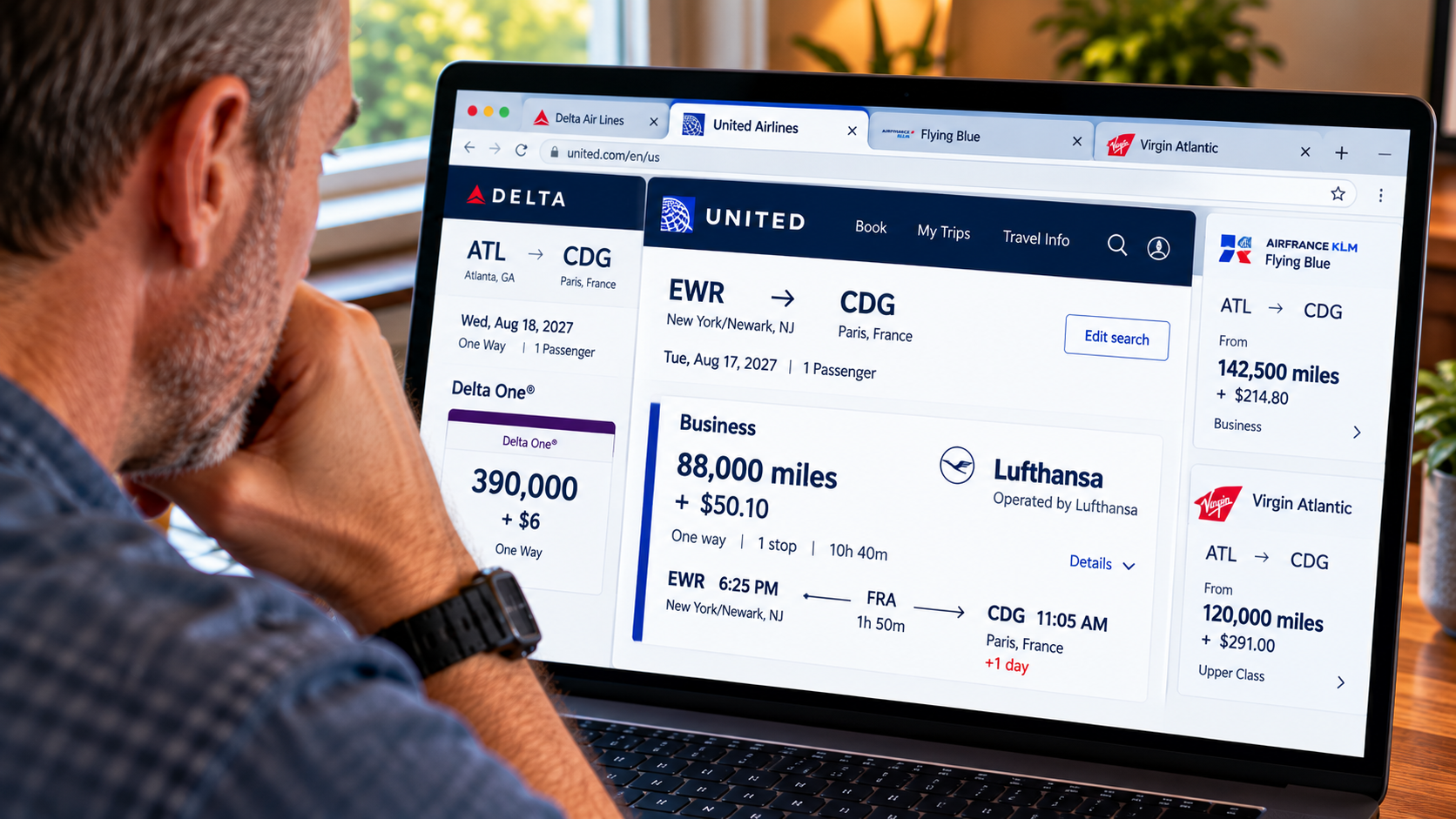 Traveler comparing Delta and competing airline award options in separate browser tabs before spending points on a flight to Paris.