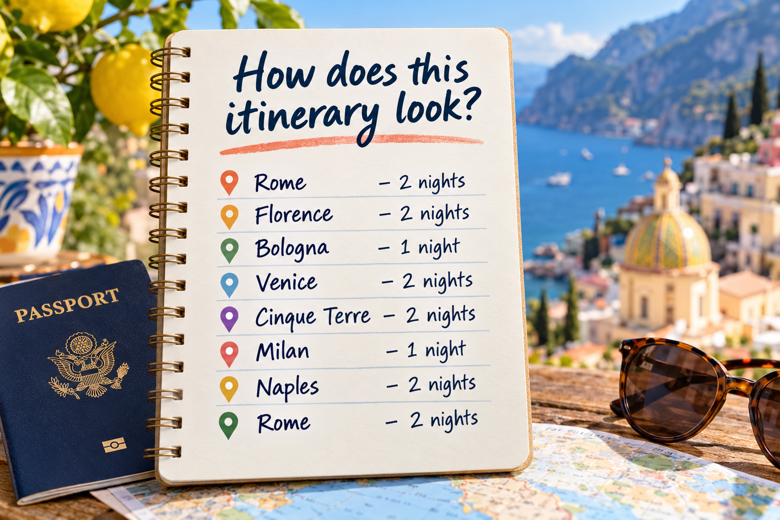 Example of a multi-stop Italy itinerary showing how a list of destinations and nights alone doesn't reveal whether the trip fits the traveler's preferred pace or goals.