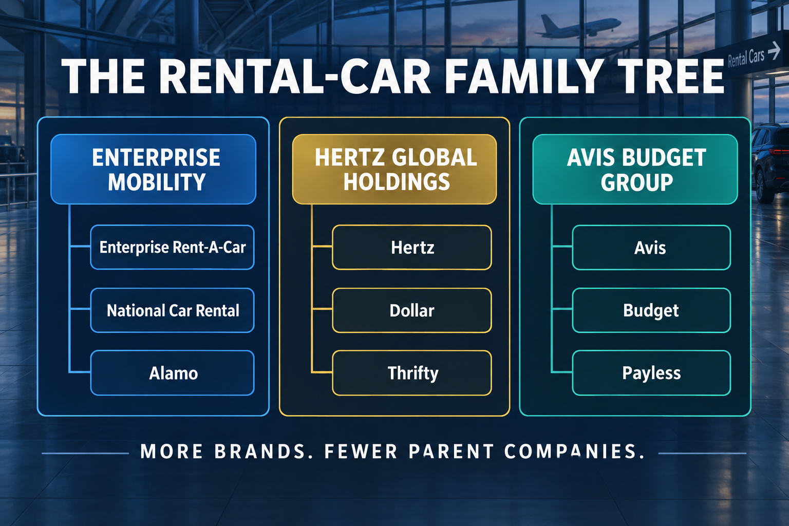 Rental-car family tree showing Enterprise, National and Alamo under Enterprise Mobility; Hertz, Dollar and Thrifty under Hertz Global Holdings; and Avis, Budget and Payless under Avis Budget Group.