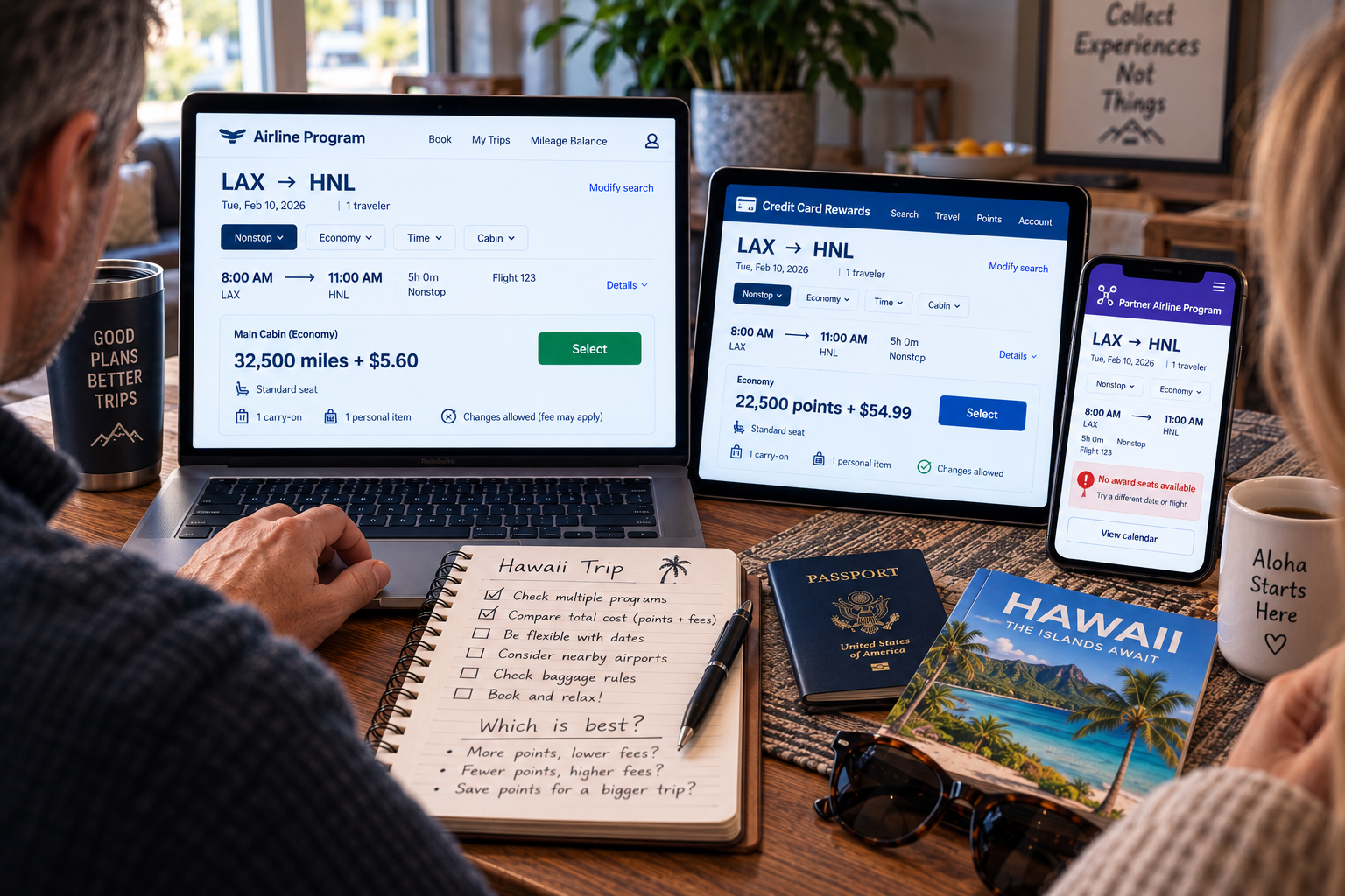 Couple comparing the same Los Angeles to Honolulu flight across three rewards programs, with different points and fees and one partner program showing no award availability.