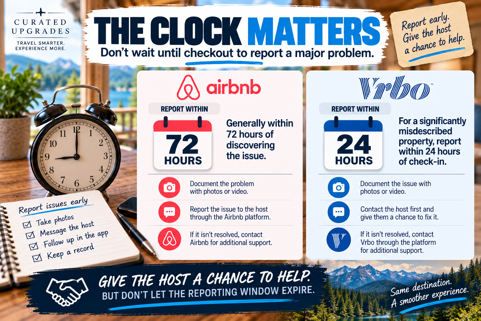 Airbnb and Vrbo reporting-window comparison showing Airbnb's general 72-hour period after discovering a reservation issue and Vrbo's 24-hour reporting period after check-in for a property that significantly differs from its listing.
