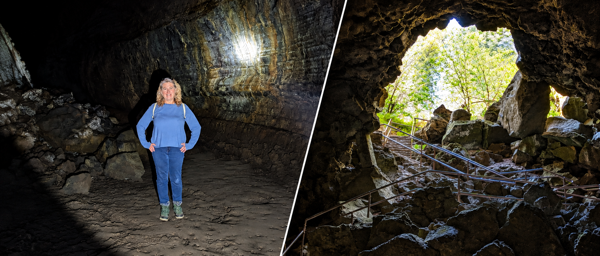 Two views of Lava River Cave in Oregon, with a visitor standing inside the dark lava tube and a rocky entrance featuring stairs and metal handrails.