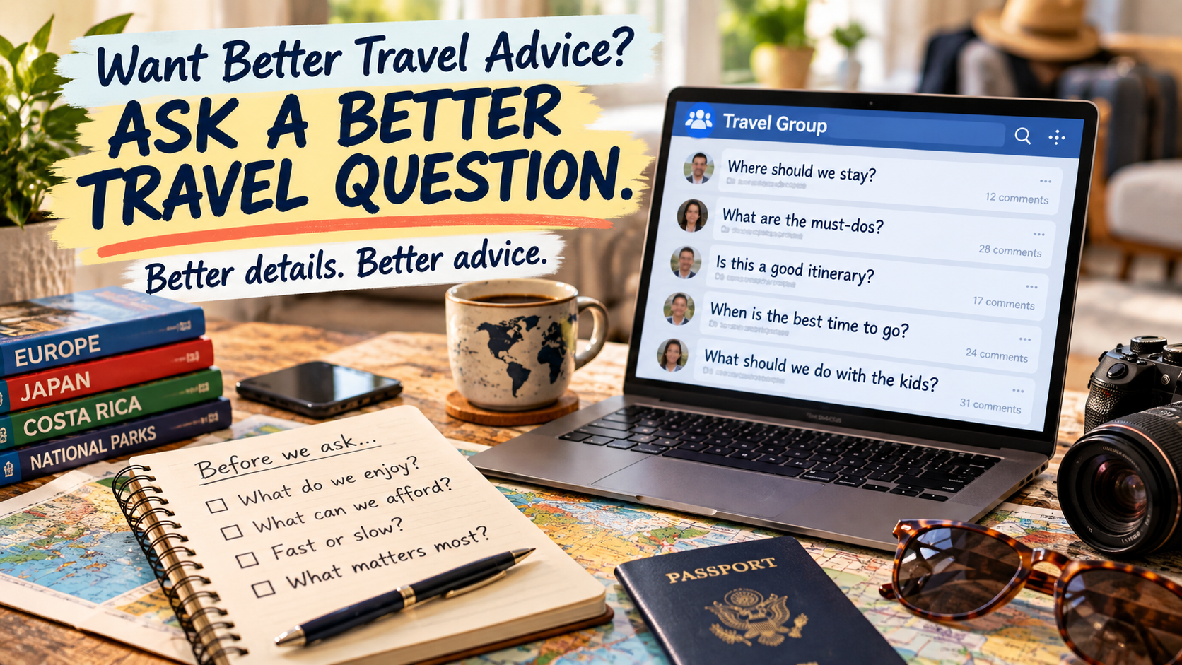 Travel-planning graphic illustrating how adding useful details to a travel question can lead to better, more personalized advice.