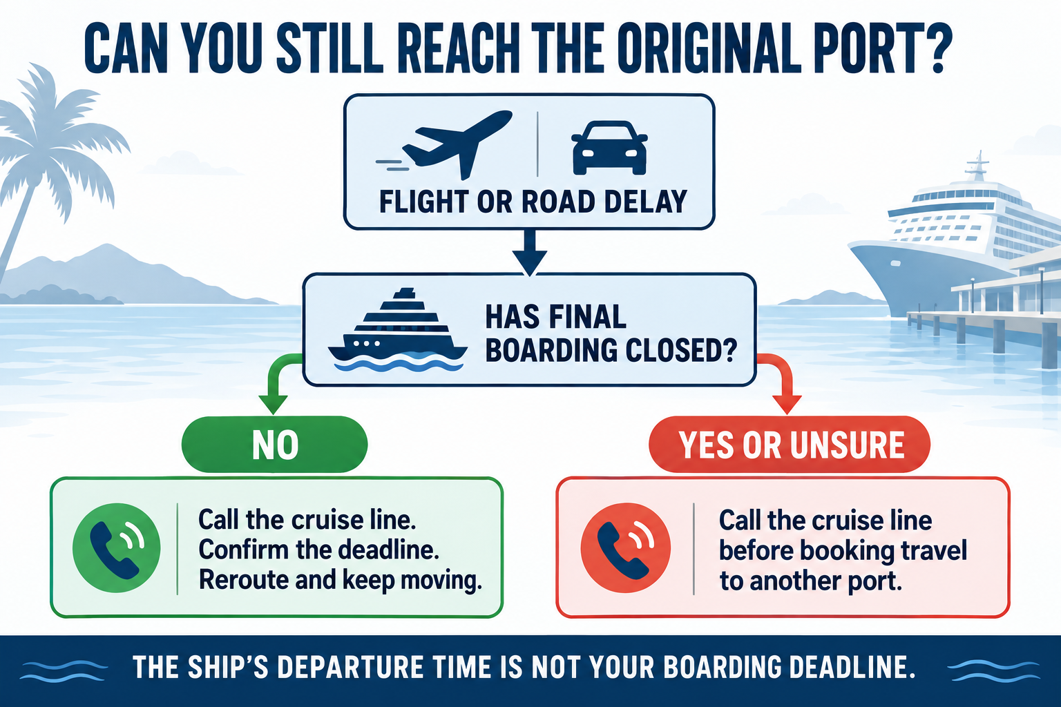 Cruise embarkation decision tree showing whether to continue to the original port or contact the cruise line about boarding elsewhere.