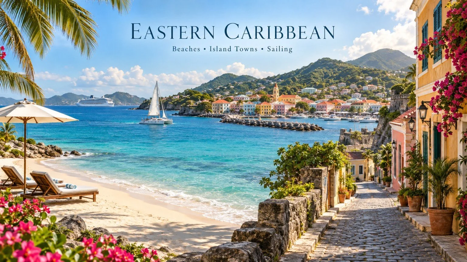 Eastern Caribbean cruise experiences including a tropical beach, colorful island town, sailboat and historic Caribbean streets.