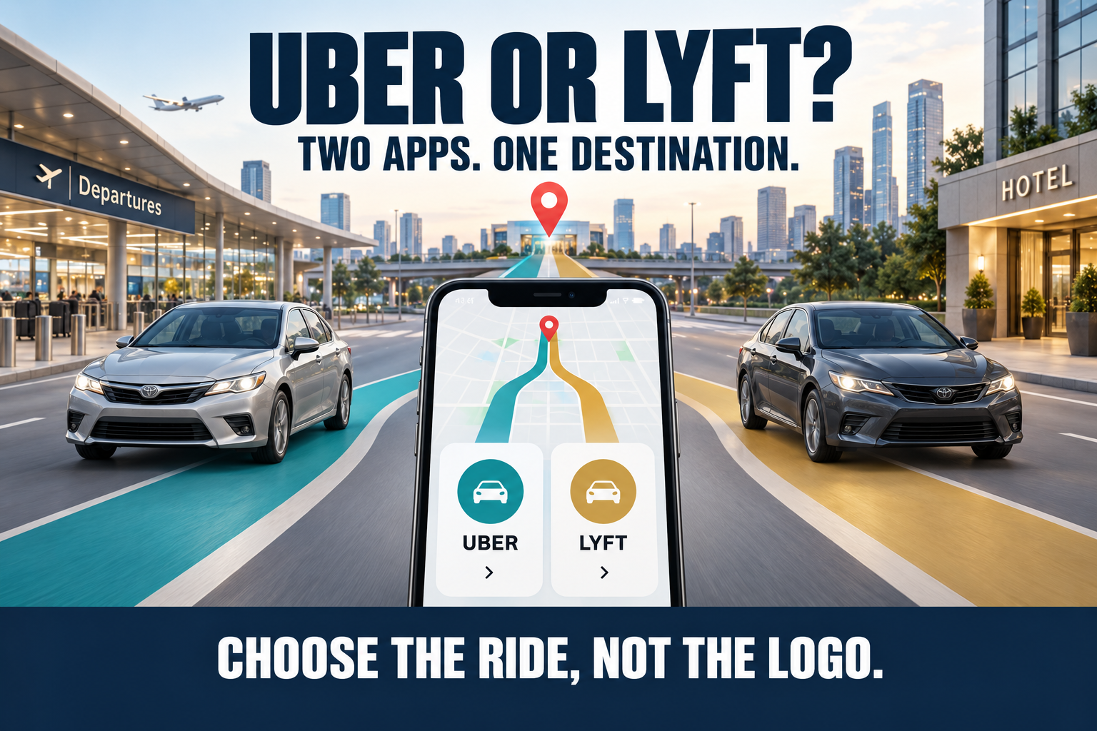 Two comparable rideshare vehicles follow separate routes toward the same destination while a phone displays Uber and Lyft options, emphasizing choosing the ride rather than the logo.