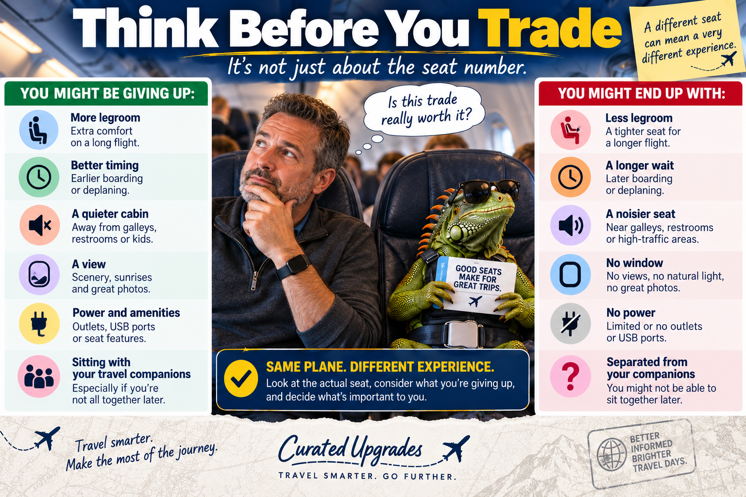 Traveler considering an airplane seat swap while comparing what they may give up, including legroom, location, quiet, window views, power and sitting with travel companions.