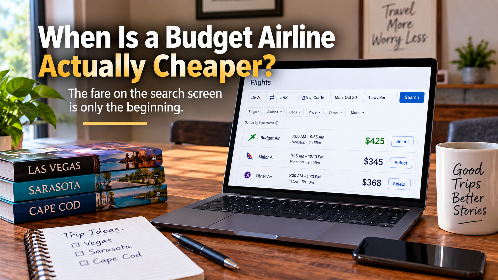 Home travel-planning setup with a laptop comparing DFW to Las Vegas flights beside Las Vegas, Sarasota and Cape Cod travel books, illustrating how to compare budget airline fares with other airline options.