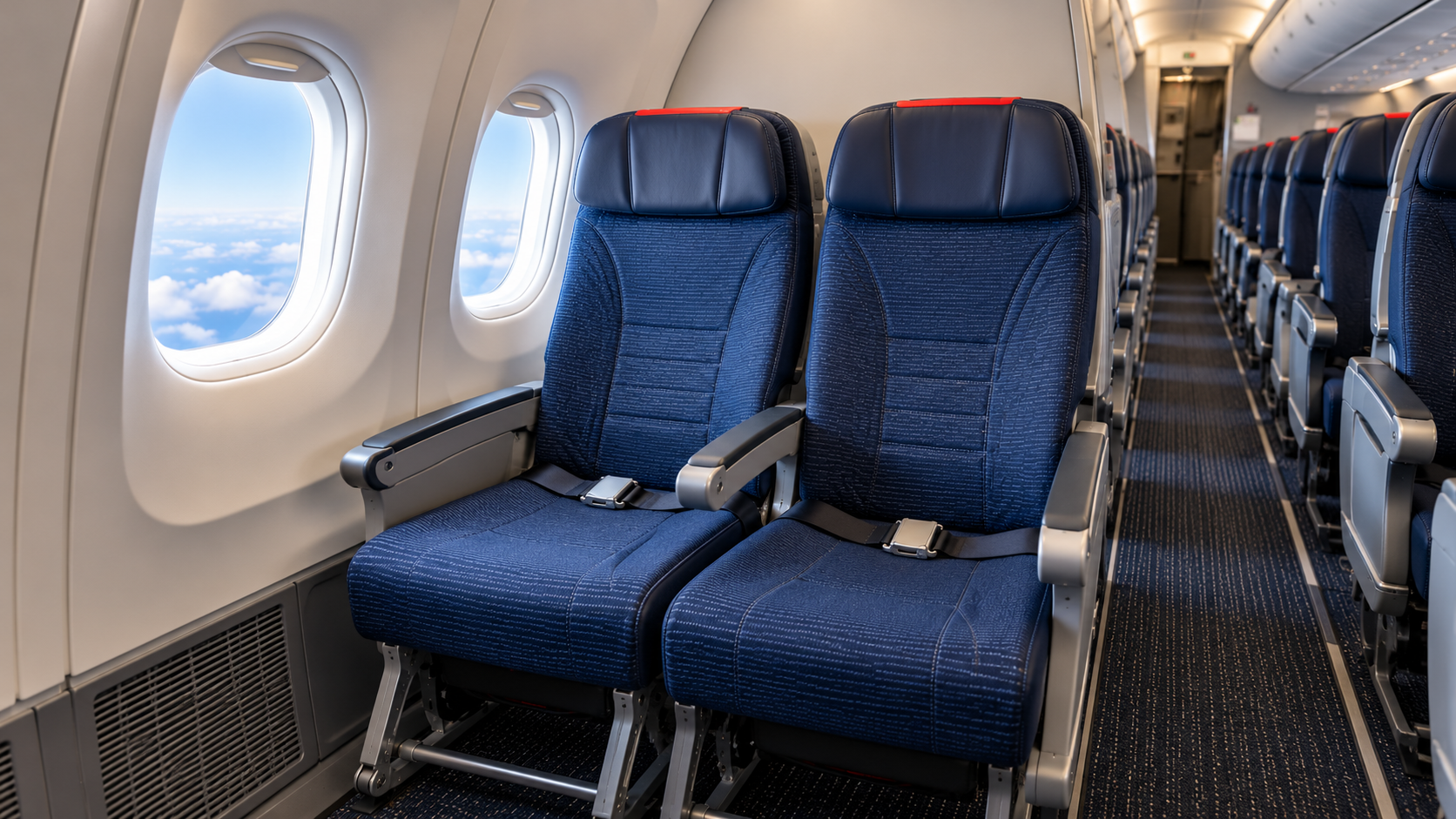 Two adjacent Economy seats beside the window near the rear of a widebody aircraft, illustrating an alternative for couples who want to sit together without a middle seat.