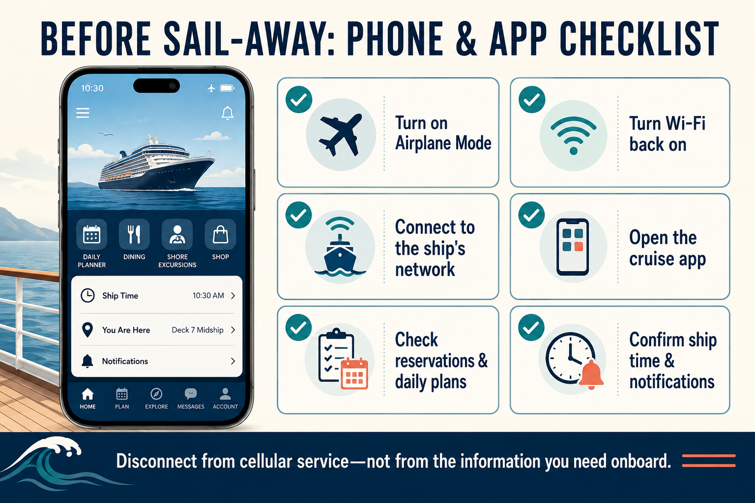 Cruise sail-away phone checklist showing how to enable Airplane Mode, reconnect to ship Wi-Fi, open the cruise app, and confirm reservations and ship time.