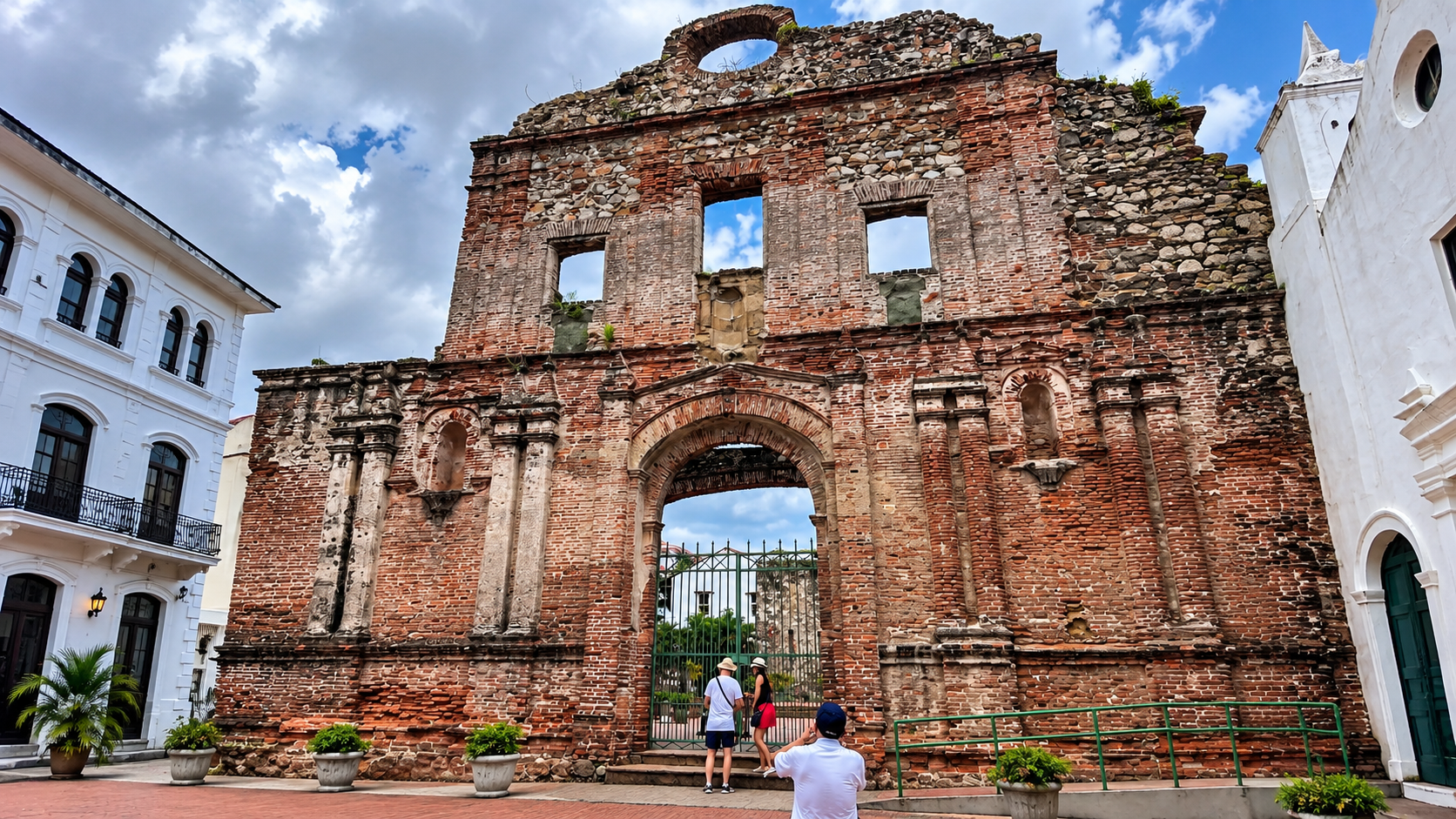 Historic church and preserved colonial ruins in Casco Viejo, Panama City's UNESCO-listed old quarter.
