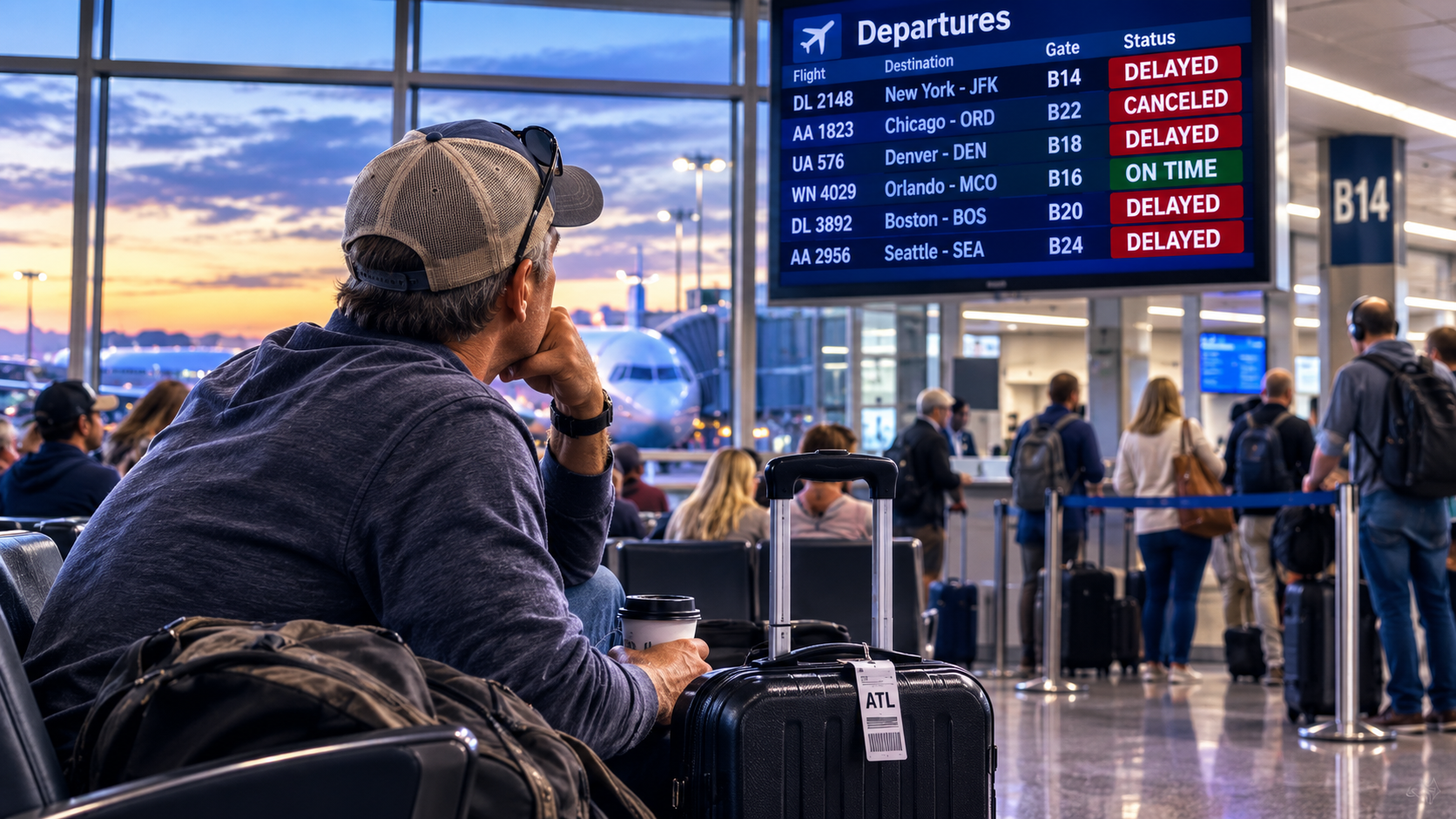 Traveler waiting with luggage at an airport gate while a departures board shows multiple delayed and canceled flights.