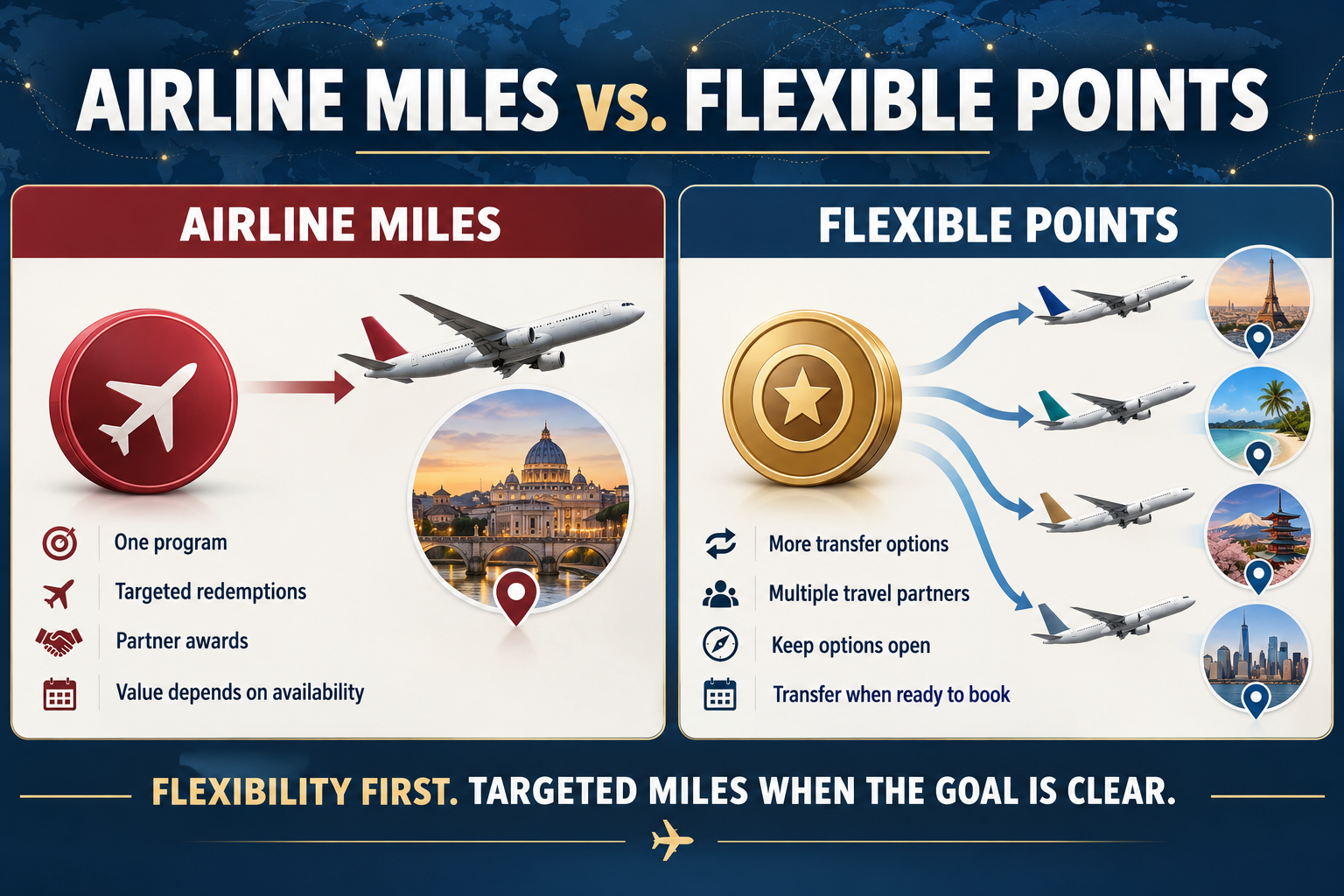 Comparison showing that airline miles remain within one loyalty program and can support targeted or partner awards, while flexible credit-card points may provide multiple transfer partners and allow travelers to wait until they are ready to book.