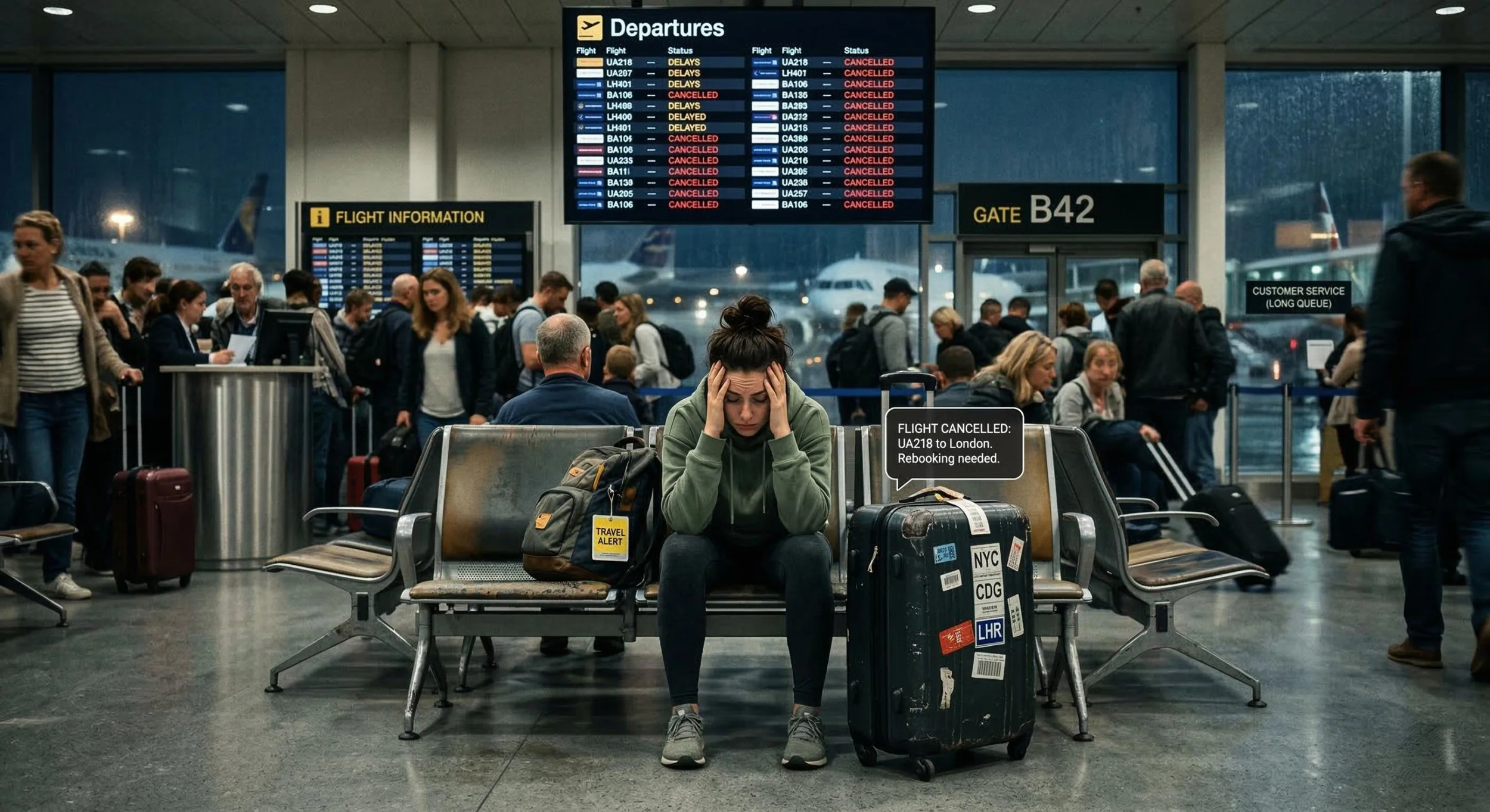 Frustrated traveler waiting in a crowded airport beneath flight-information boards showing multiple cancellations.