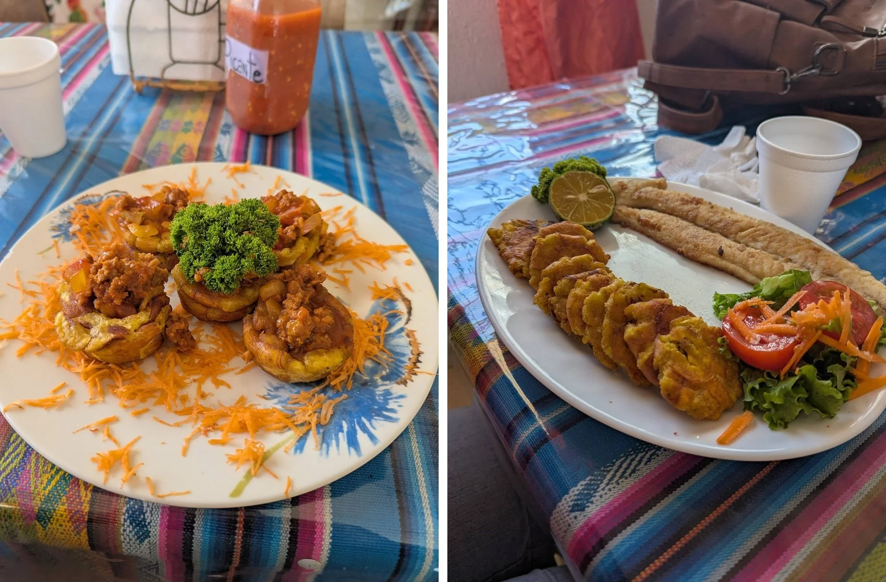 Fried corvina with patacones and seafood-topped patacones served for lunch at Restaurante Los Hermanos in El Valle de Antón.