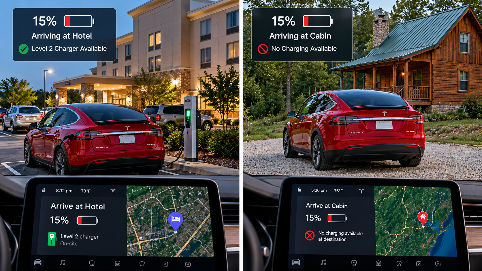 Split EV road-trip image comparing arrival at a hotel with 15% battery and Level 2 charging available with arrival at a remote cabin at 15% with no charging available.