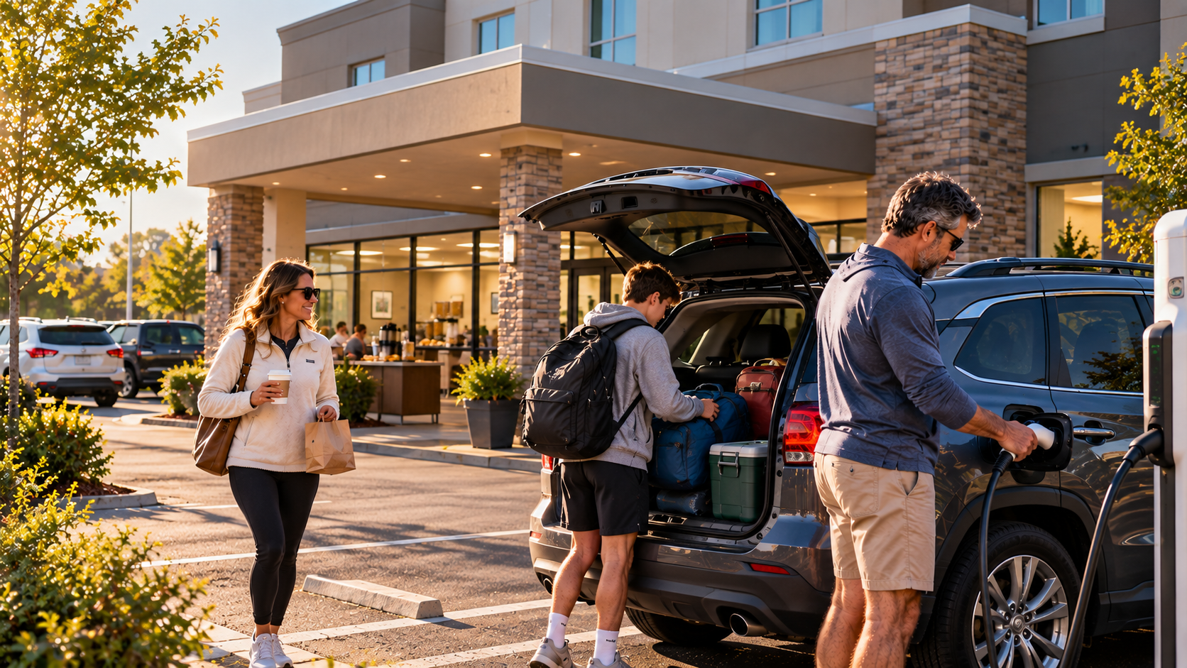 Family loading their vehicle outside an ordinary hotel with EV charging, illustrating how practical conveniences can improve a road trip without luxury upgrades.